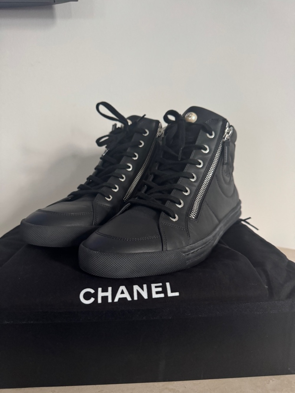 CHANEL Black Leather CC High-Top Sneakers